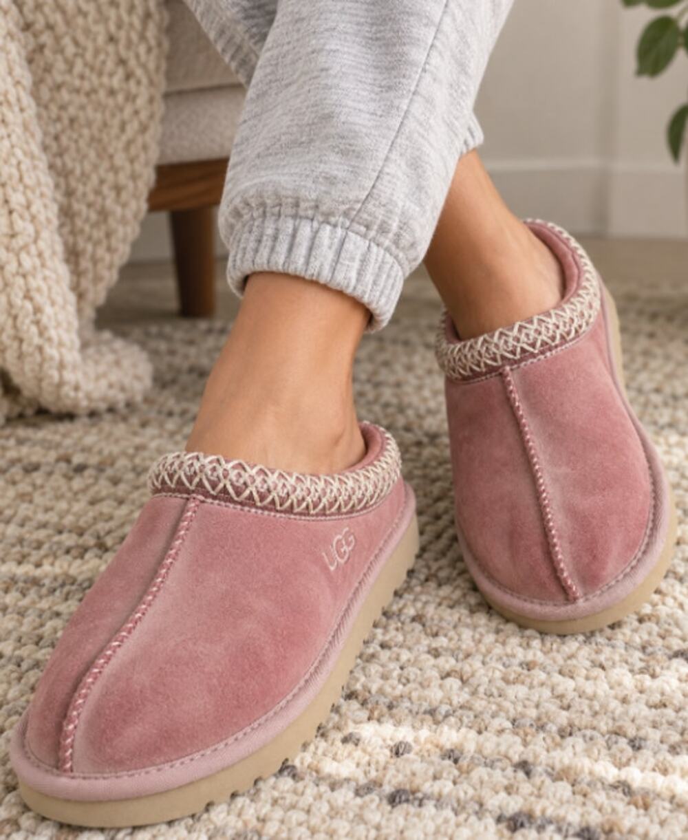 UGG Pink Suede Slip On Slippers Women’s Size 6 Cozy Shearling Lined